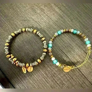 Alex And Ani Bangle Bracelets Gold and Turquoise Beads  Boho Adjustable Size